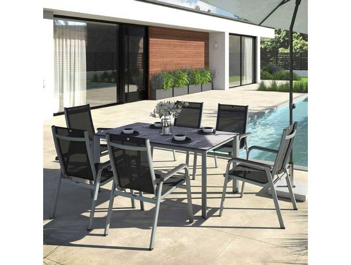 Kettler Basic Plus Gartenmöbel-Set L (6 Plätze) Tisch 160x95cm Dunkelgrau Hellgrau