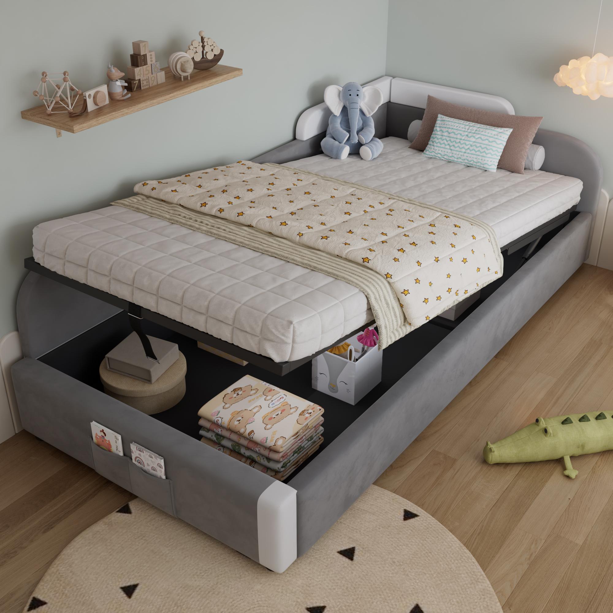 okwish Kinderbett 90x200 Jugendbett mit Matratze mit Linke Seitenplatte,Polsterbett mit Bettkasten,Bettgestell mit Aufbewahrungstasche am Fußende,Grau