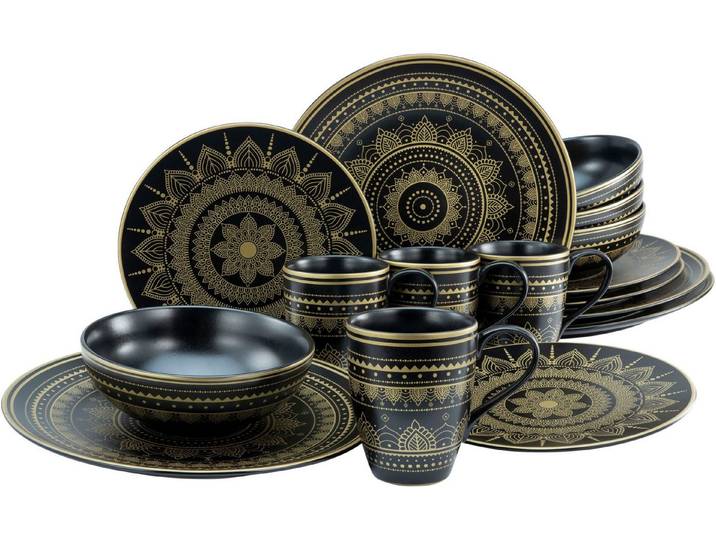 creaTable Kombiservice Mandala Gold (16-tlg), 4 Personen, Steinzeug, Service, goldene orientalische Motive, 16 Teile, für 4 Personen