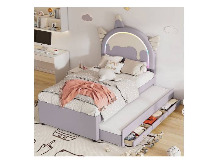 HAUSS SPOLE Kinderbett 90x200cm mit Matratze Einhorn-Kinderbett, mit ausziehbares Rollbett