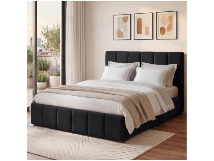 tectake® Polsterbett 120 x 200 cm, integrierter Lattenrost, 250kg belastbar Kassettensteppung, komfortable Liegehöhe, einfache Montage, Samtoptik schwarz
