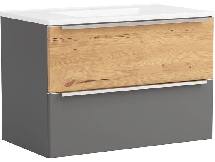 Waschtisch WELLTIME TRIENT, Softclose-Auszüge, Mineralgussbecken , matt onyx, grau, wildeiche, matt onyx, grau, B:80cm H:54cm T:47cm, Waschtische, Waschtisch, matt onyx-grey/wildeiche, Mineralgussbecken