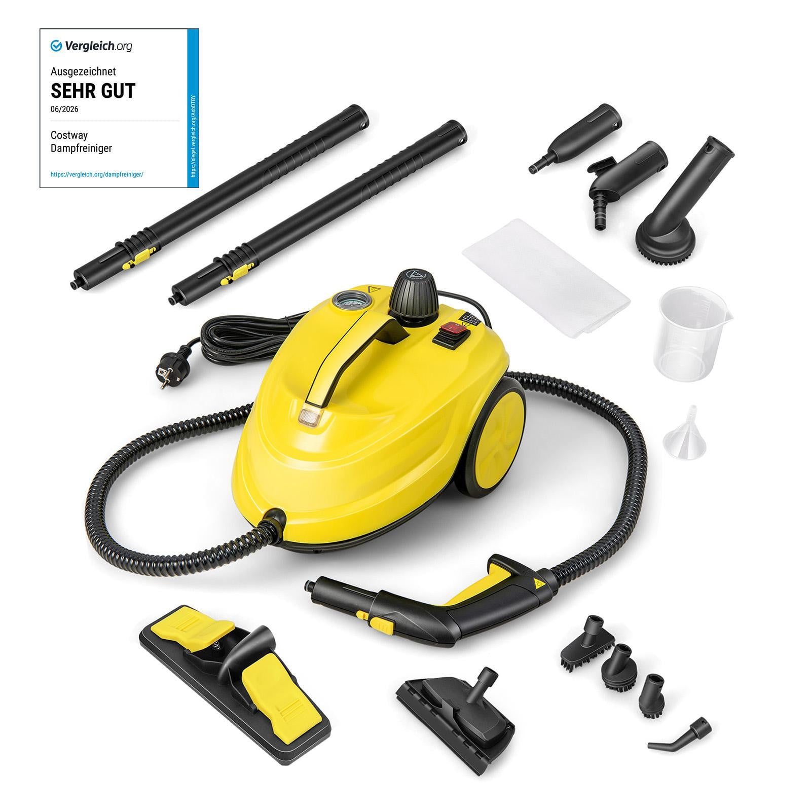 Costway Multifunctionele Stoomreiniger 2000W met 1,8L Waterreservoir en 13 Accessoires, Geel