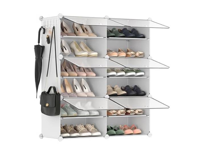 SONGMICS Étagère à Chaussures Modulable 6 Compartiments\, avec Porte Étagère de Rangement\, Cadre en Acier\, Panneaux en Plastique\, Collection DAMION LPC033W01