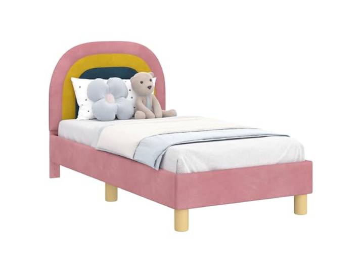 PUGYNBK Bettgestell für Kleinkinder mit rosa Kopfteil Langlebiges Holz, Samt-Finish, Lattenboden, Reinigung mit feuchtem Tuch