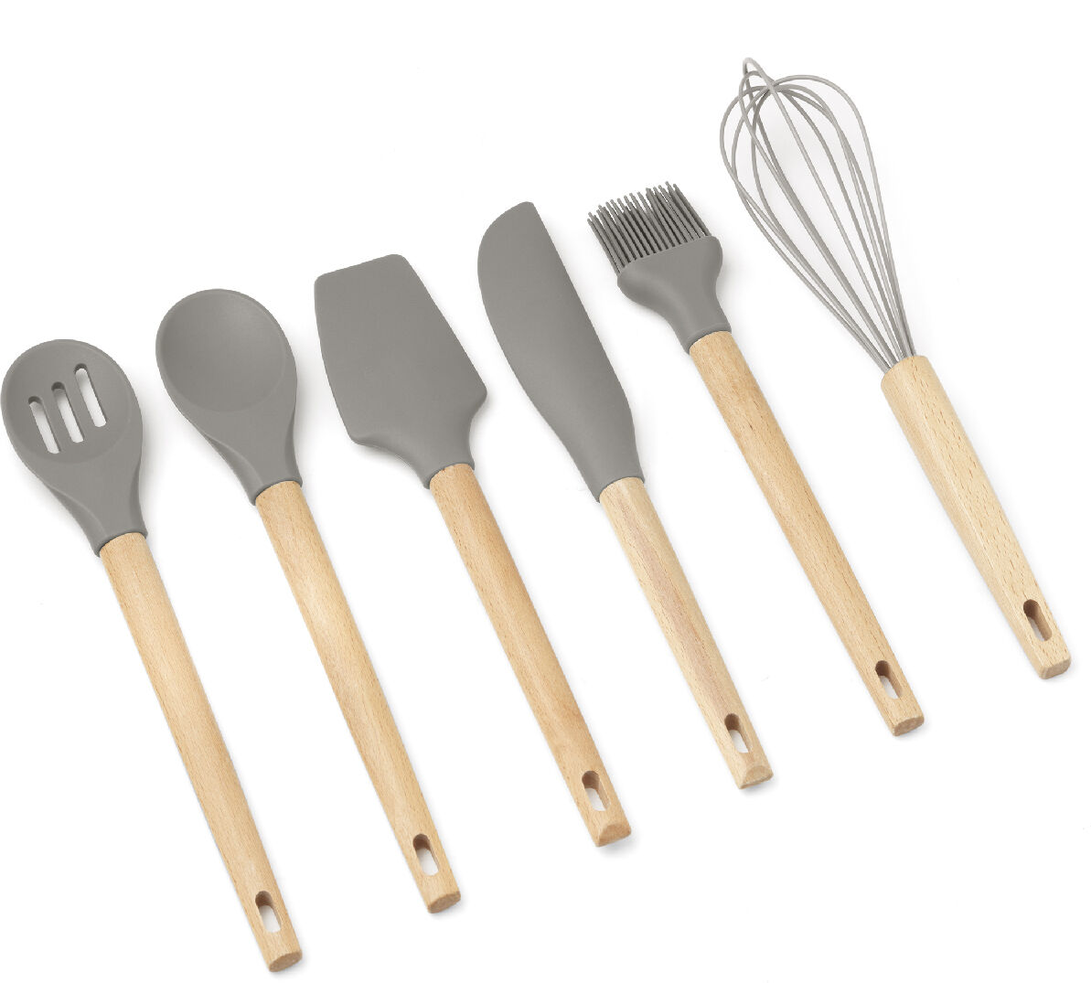 Evviva Set 6 utensili pasticceria in silicone con manico in legno di faggio (2 spatole, 2 cucchiai, frusta e pennello) - Forest
