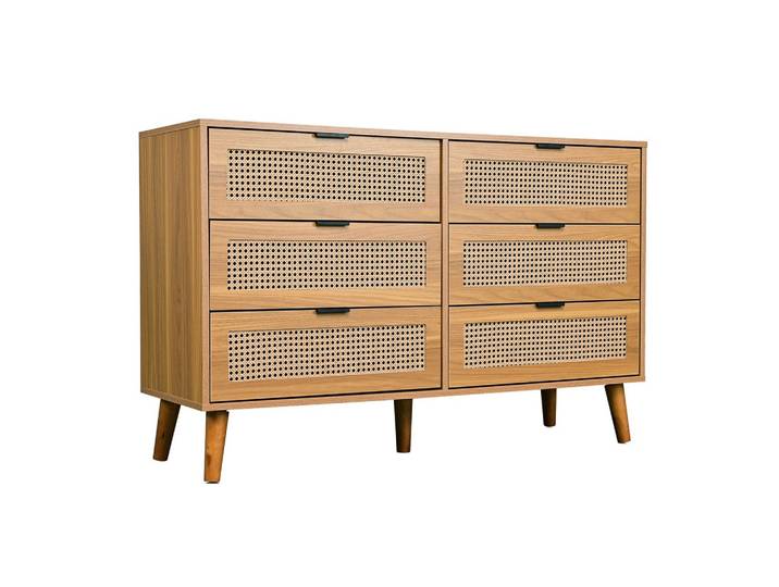SIDEBOARD mit 6 Schubladen Sideboard aus Holz mit Metallgriffen, Retro-Design, für Schlafzimmer & Büro Walnuss
