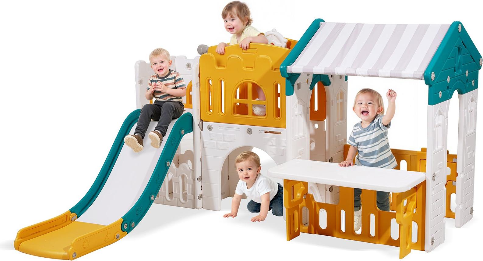 Kinderspielhaus Outdoor - Garten-Spielhaus - Mit Rutsche & Basketballkorb - Teleskop & Lenkrad - Krabbeltunnel - Verkaufsfenster - Ab 1 Jahr - HDPE Kunststoff, Wetterfest