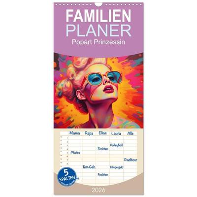 Familienplaner 2026 - Popart Prinzessin mit 5 Spalten (Wandkalender, 21 x 45 cm) CALVENDO