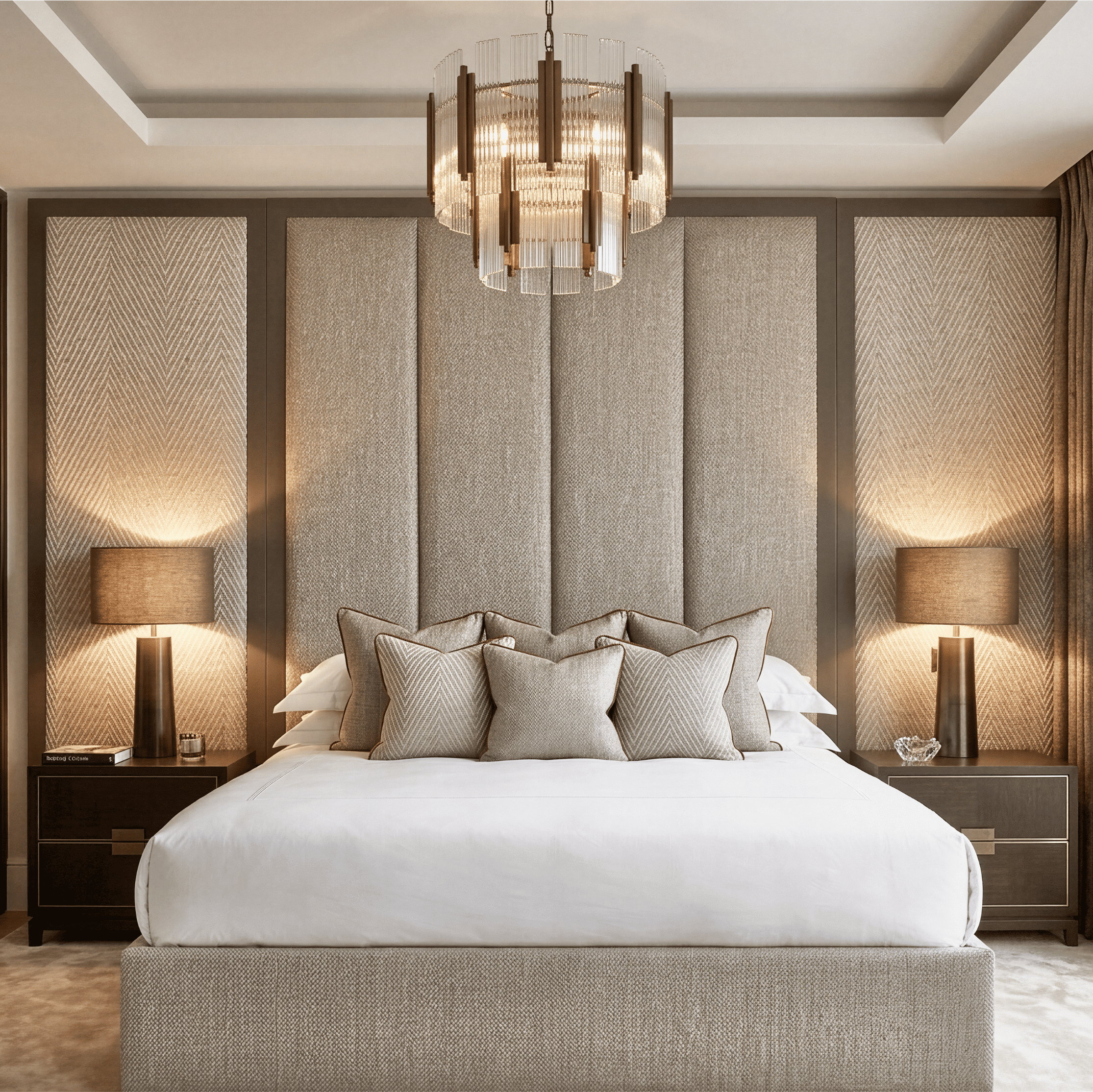 Harrington Pumice Woven Channelled Headboard with Dark Taupe Frame & Cream Chevron Accent Wings, Double
