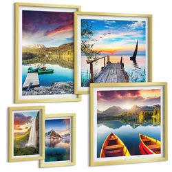 BILDER SET 5er Set - 50x50 cm & 20x30 cm & 40x60 cm Goldrahmen - Seen- und Berglandschaft Łódź