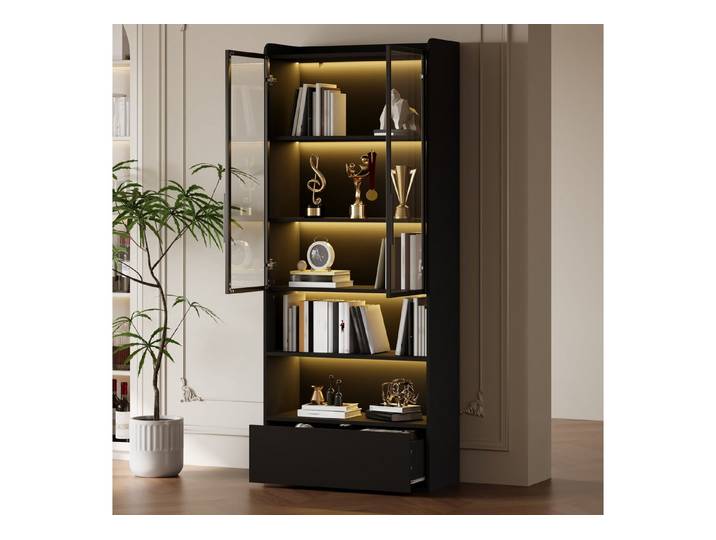 REDOM Vitrine Hohe Vitrine mit LED-Beleuchtung & Glastüren (Packung, 1-St., Als elegantes Standregal für eine ansprechende Präsentation) 80x34x180 cm in Schwarz, mit offenen Fächern & 1 Schublade