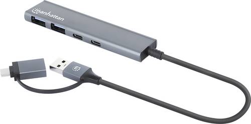 Manhattan 181075 USB-Hub 2+2 Port USB-A, USB-C USB 3.0 5 GBit/s mit Aluminiumgehäuse, mit USB-C Stecker Spacegrau 181075