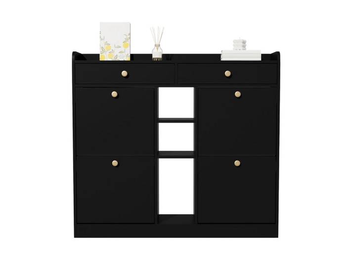 Flieks Schuhschrank Schwarz 4 Klappen 2 Schubladen 3 Fächer modern 110x26x100cm, 110x100x26 cm, Garderobe, Schuhaufbewahrung, Schuhkipper