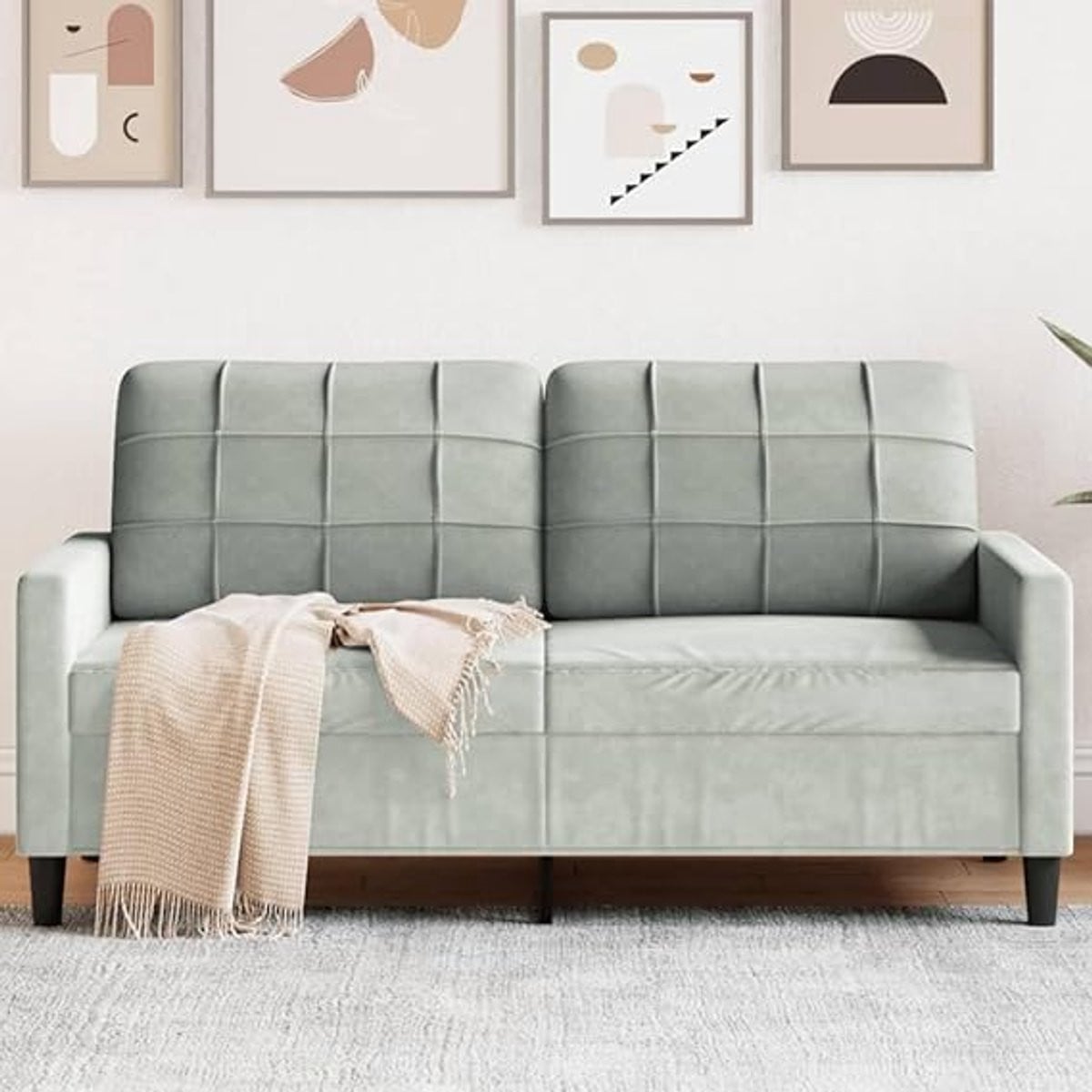 House&Garden Luxe Fluwelen 2-Zitsbank – Modern Design Lichtgrijs – Comfortabele Loveseat met Stevig Metalen Frame
