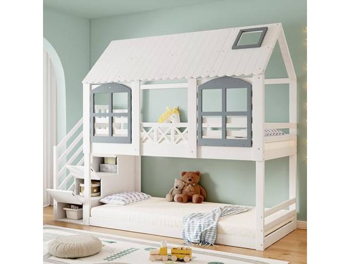 Merax Etagenbett 90x200cm, Kinderbett Hochbett für 2 Kinder, Baumhausbett mit Rausfallschutz & Lattenrost, Hausbett mit Dach & Fenster, Platzsparendes Stockbett mit Stauraumtreppe, Jugendbett, Weiß