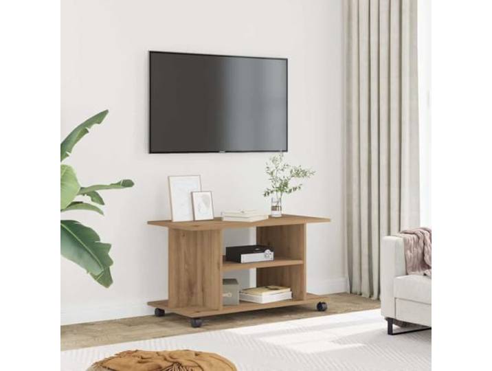 HEFZGDB TV-Regal mit Rollen Artisan-Eiche 80x40x45 cm Holzwerkstoff TV-Schrank mit 4 Fächern und drehbaren Rollen für Stauraum, Robustes Möbelstück mit stabilem Design