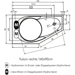 RIHO Yukon Easypool 3.1 Eck-Badewanne, mit Touchbedienung, Einbau, 160x90x48cm, 1-Sitzer, weiß, B008006005, Ausführung: Version rechts