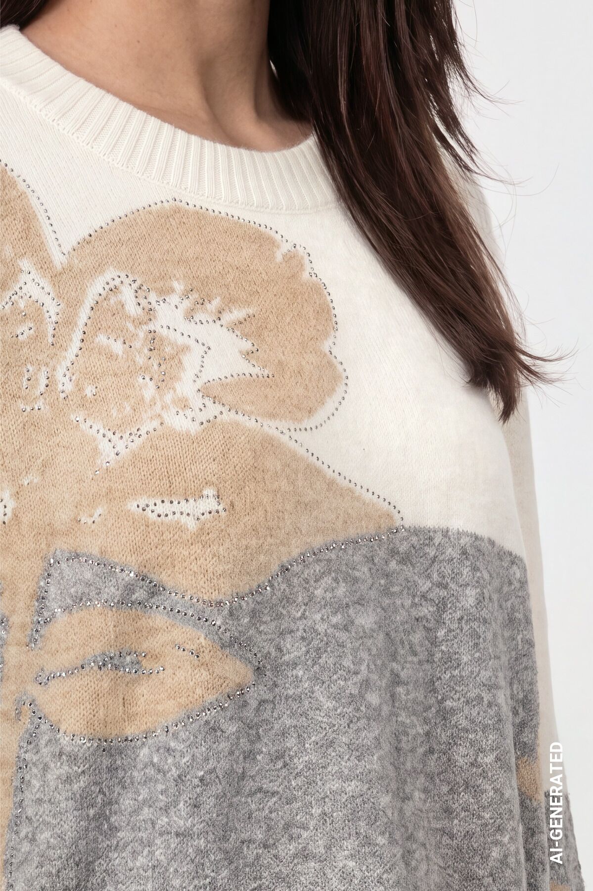 Strickpullover MONARI "Pullover Intarsie + Schmuck", Damen, Gr. 40, grau (hellgrau mel), Strick, Obermaterial: 38% Polyacryl, 31% Baumwolle, 21% Polyester, 10% Polyamid, Intarsienmuster, regular fit taillenbedeckt, Rundhals, eingesetzt Rippstrickbündchen,
