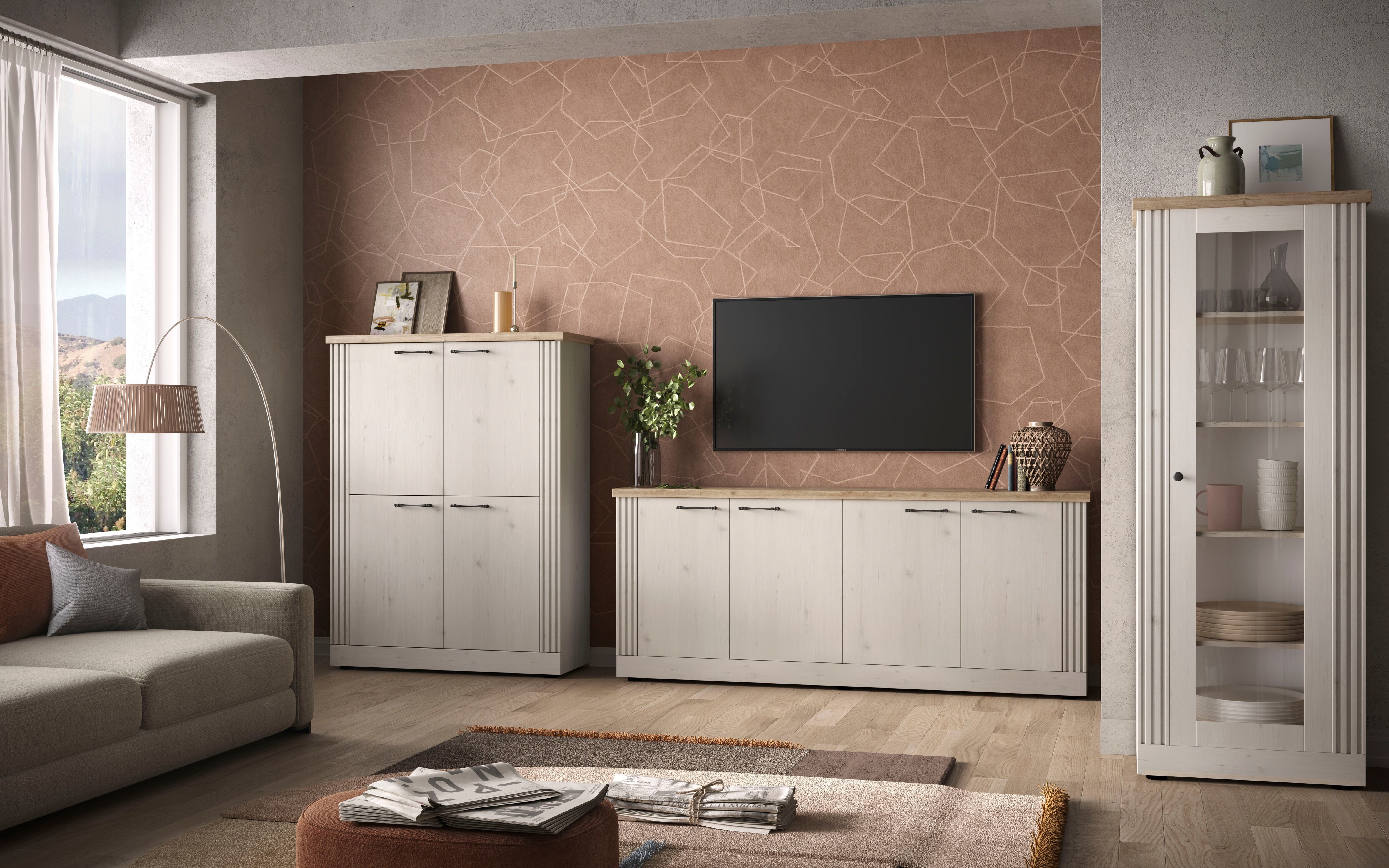 Sideboard GOODPRODUCT "Country Breite 211 cm, Kommode mit 4 Türen, Anrichte im", beige (eiche meringa nb, eiche cadiz nb), B:211cm H:88cm T:44cm, Sideboards, Sideboard, Landhausstil, viel Stauraum, mit Metallgriffe, MDF Rahmen eiche meringa nb, eiche cadi