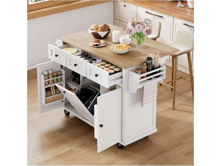 VUENOR Ilot central de cuisine mobile blanc et bois naturel avec plan de travail extensible