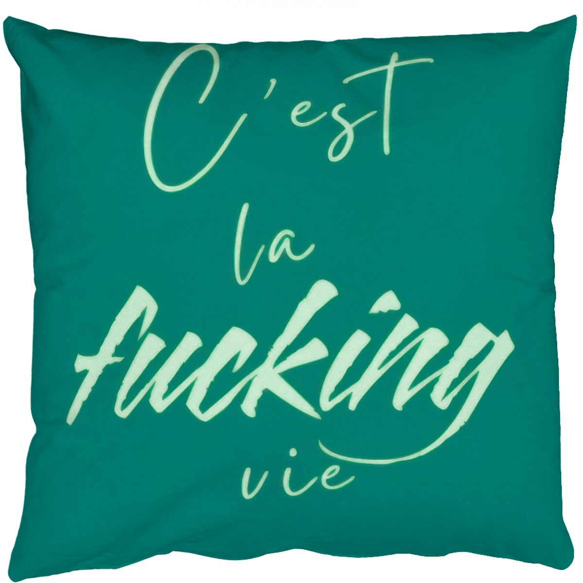 Groen sierkussen c'est la fucking vie met handgeschreven tekst - 40 x 40 cm