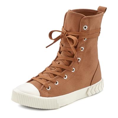 Stiefelette LASCANA "High-Top Sneaker, Textil-Boot, Herbststiefelette, Schnürschuh", Damen, Gr. 37, braun (camelfarben), Obermaterial: 100% Textilmaterial. Decksohle: 100% Textilmaterial. Futter: 100% Textilmaterial. Laufsohle: 100% Synthetik,...