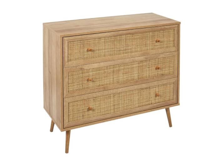 Commode 3 tiroirs en cannage et bois contreplaqué