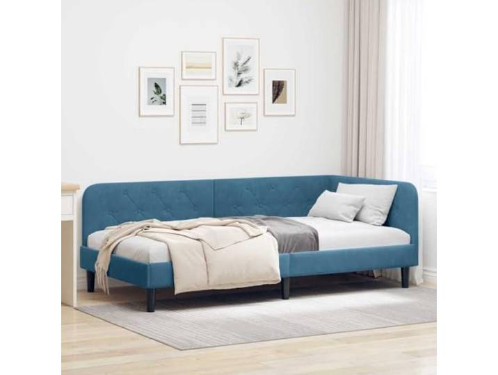 Samt L Form Tagesbettrahmen Schlafsofa Stadtwohnung Blau 90 x 190 cm Eckbettgestell mit Kopfteil Blau 90x190 cm Samt Tagesbett L-Form Sofa Bett Lattenrost Stauraum Gästebett Schlafsofa