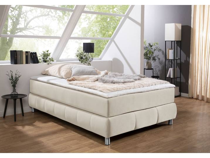 Boxspringbett, Beige, 126x206 cm, Samtoptik, Ohne Kopfteil & Topper, Skandi, andas