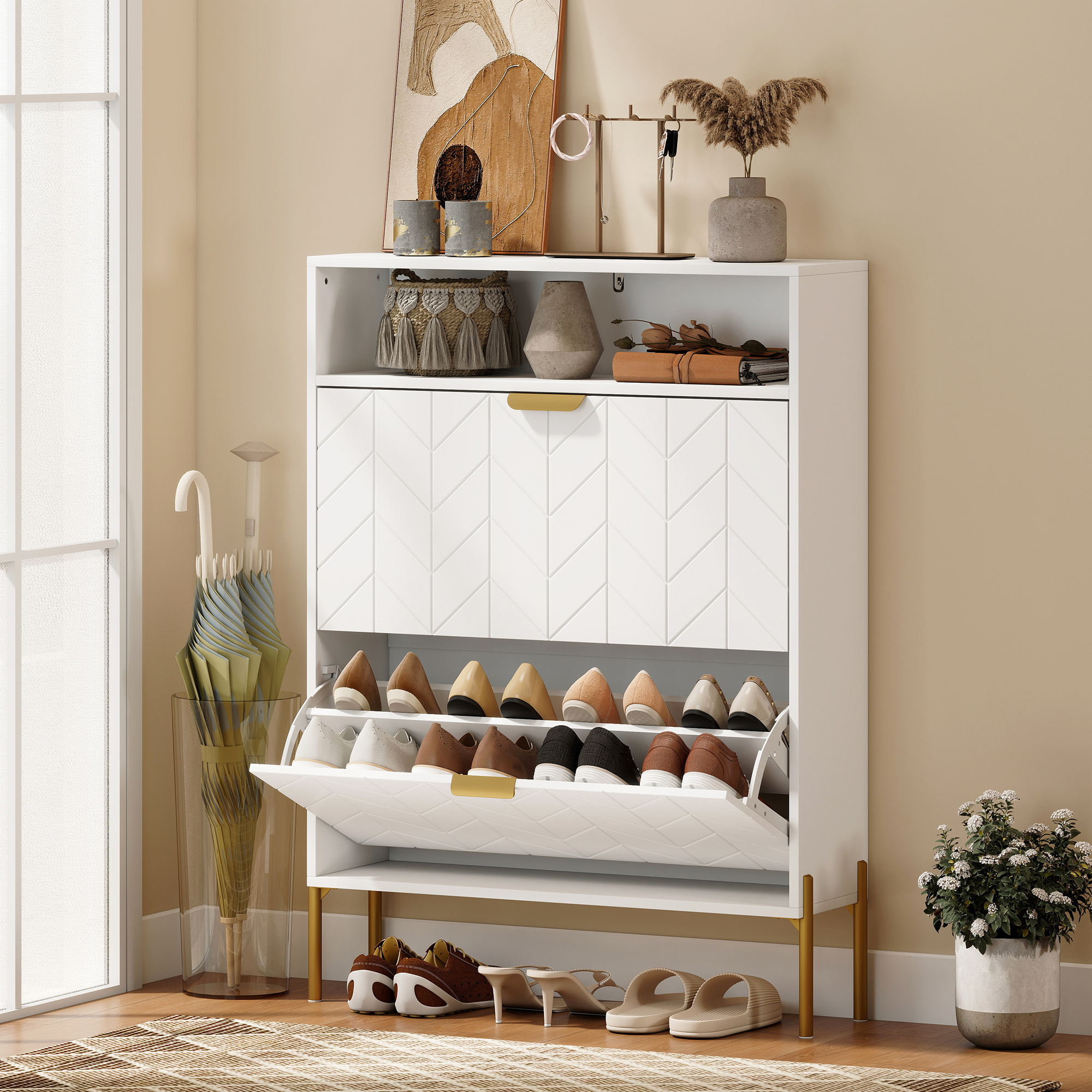 Homcom Scarpiera stretta 16 paia con 2 cassetti ribaltabili e vano aperto, Bianco   Aosom Italy