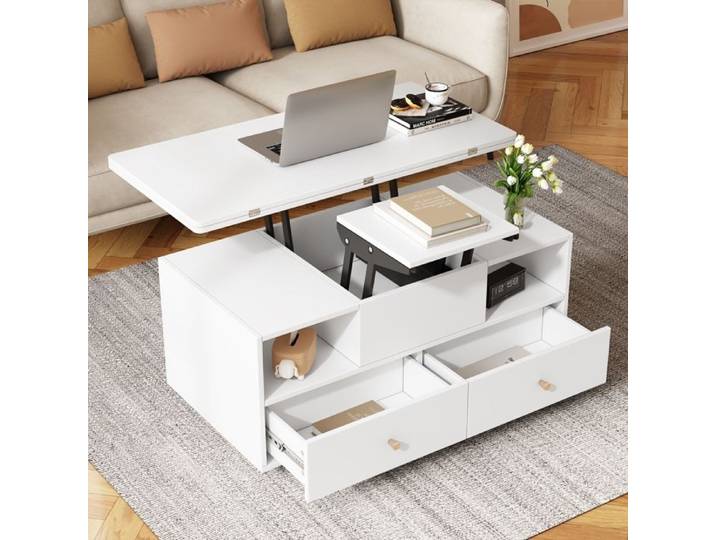 Table Basse Réglable en Hauteur avec Fonction Pliante et 4 Tiroirs Table d'appoint Mobile avec Roulettes