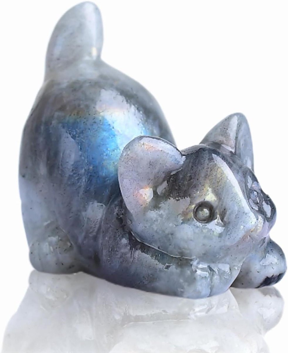 Labradoriet Kat Kristal Kattenbeeldje Edelsteen Decoratie Grijs - Hoogte: 4 cm