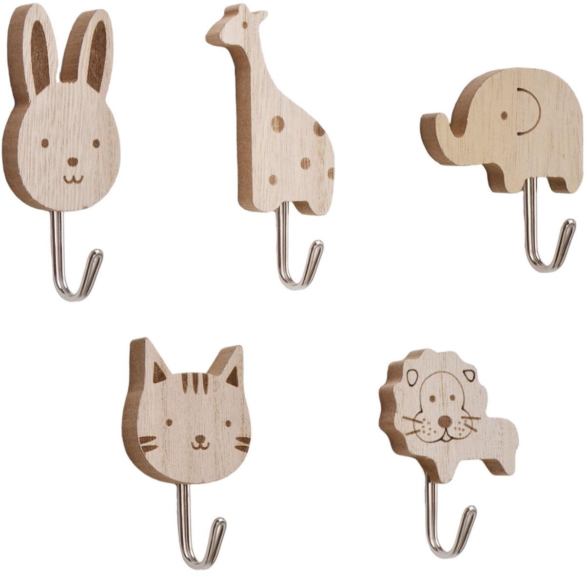 Dailygoods Wandhaken 5 Stuks - Decoratieve Houten Haken Jungle Thema - Zelfklevende Beukenhout Muurhaken