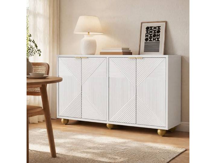 Buffet bas 4 portes - MDF blanc - poignées dorées - pieds boule - étagères réglables