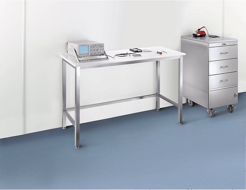 kaiserkraft Edelstahl-Reinraumtisch mit Polypropylen-Platte, Gestell aus Edelstahl, Höhe 900 mm, BxT 1000 x 600 mm