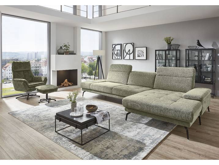 Ecksofa, Chenille, Grün, 328×190 cm, Kopfteilverstellung & Sitztiefenverstellung, Modern, DIE PLANBAR