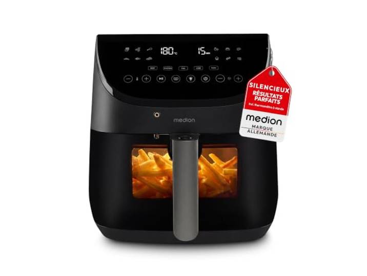 MEDION X20 XL Friteuse à air chaud (6\,6 L\, 5 programmes viande avec sonde de température\, moteur DC silencieux 1.700 W\, 10 programmes\, sans PFAS\, ILAG)