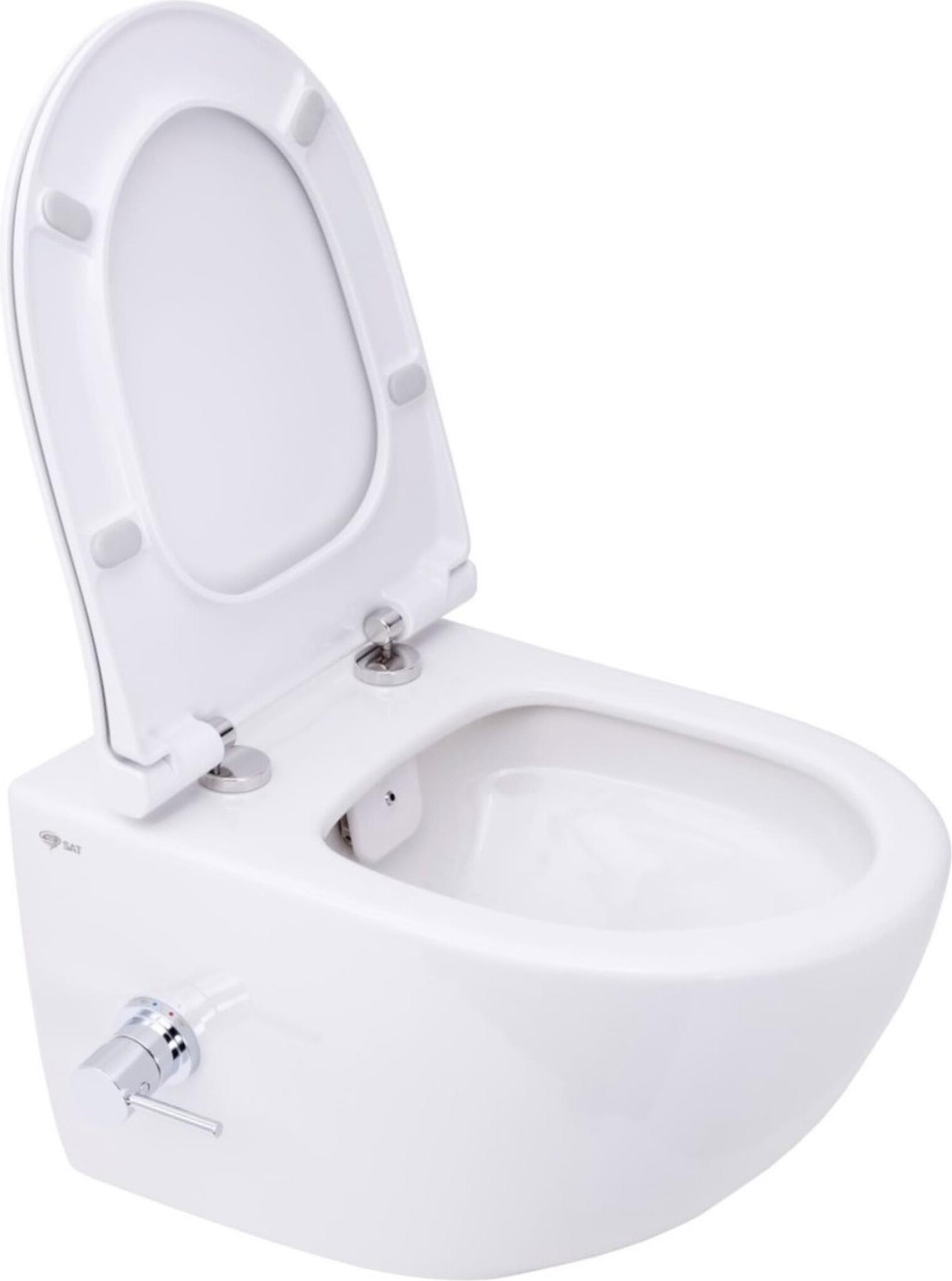 SAT Aquacare Wand-Dusch-WC Dusch-WC Flush 2.0 mit Bidetfunktion und VitrA integrierter Thermostatarmatur und SoftClose TakeOff WC-Sitz, weiß
