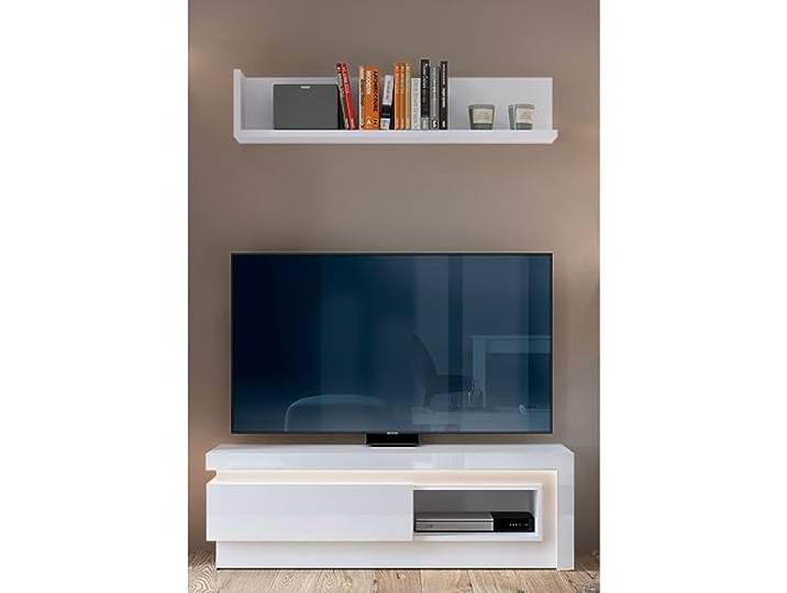 Lomadox Wohnzimmer TV-Möbel Set, Lowboard & Wandboard, in weiß Hochglanz mit indirekter Beleuchtung, B/H/T ca. 131/165/42 cm