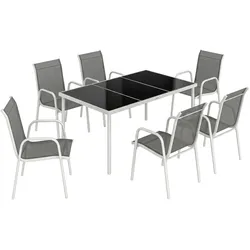 Outsunny 7-teiliges Garten-Ess-Set rechteckiger Glastisch 6 stapelbare Metallstühle Grau