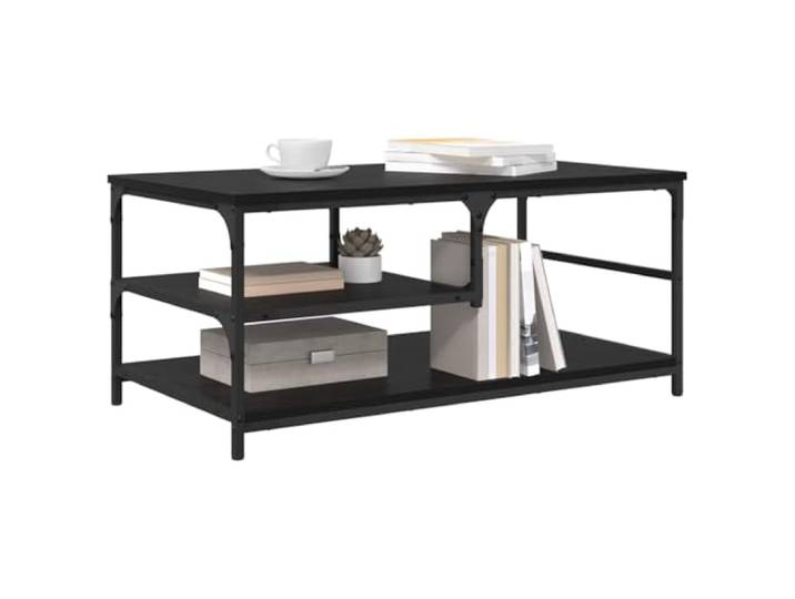 KTHLBRH Rechteckiger Couchtisch Eiche Schwarz 90 x 49 x 40 cm Mehrschichtiges Holz, schwarzer Metallrahmen, 2 Regale, rustikaler Industriestil