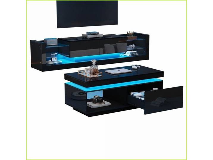 Set Meubles Salon - Meuble TV 181cm + Table Basse Noir Hochglanz - LED Inclus