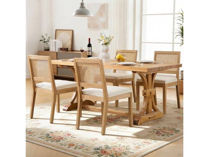 SoarTalent 4er Set Esszimmerstühle Rattan Eckrücken, Beige Im französischen Landhausstil, mit eckiger, handgeflochtener Rattan-Rückenlehne. Massivholzbeine sorgen für sicheren Stand