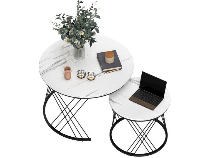 Okwish Couchtisch 70/70/46.5 cm Weiß Marmoroptik aus Holz mit Metallgestell, 70x46.5x70 cm, Wohnzimmer, Wohnzimmertische, Couchtische