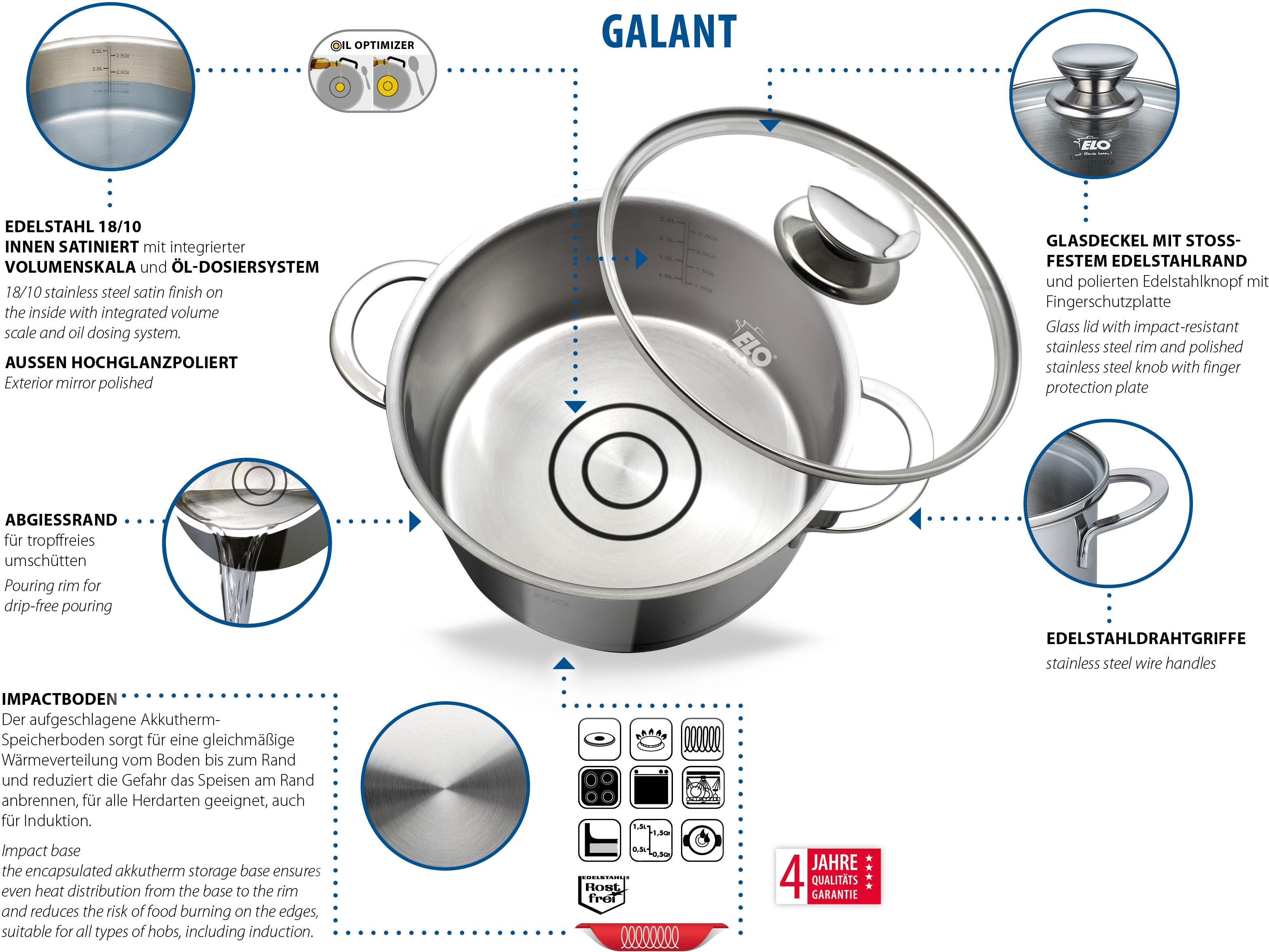 Fleischtopf ELO "Galant", silber (silberfarben), Ø:16cm, Töpfe, Fleischtopf, integriertes Öl- Dosier-System, Induktion
