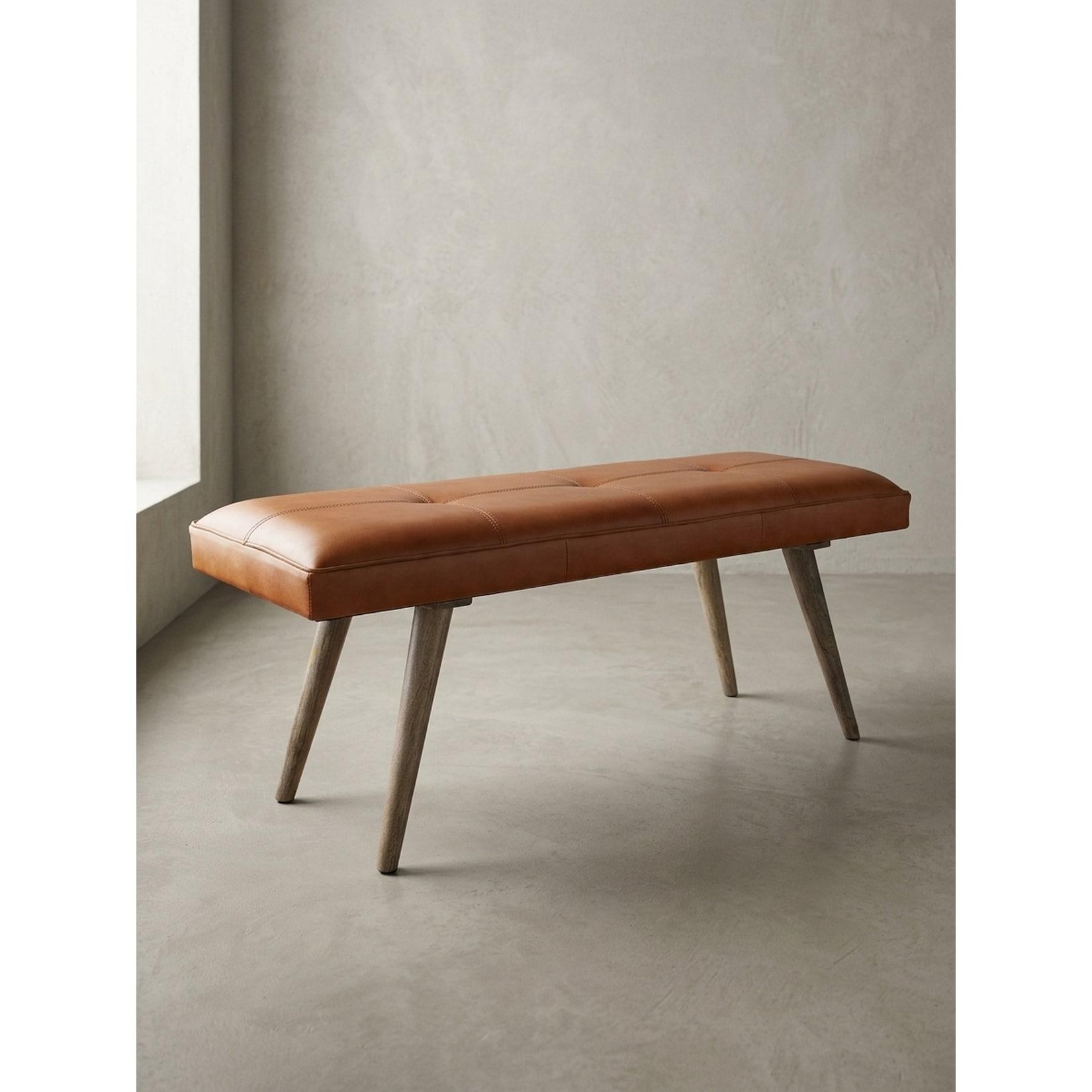 Sitzbank – Ziegenleder/Massivholz, 117x51x38 cm, Braun, ohne Lehne