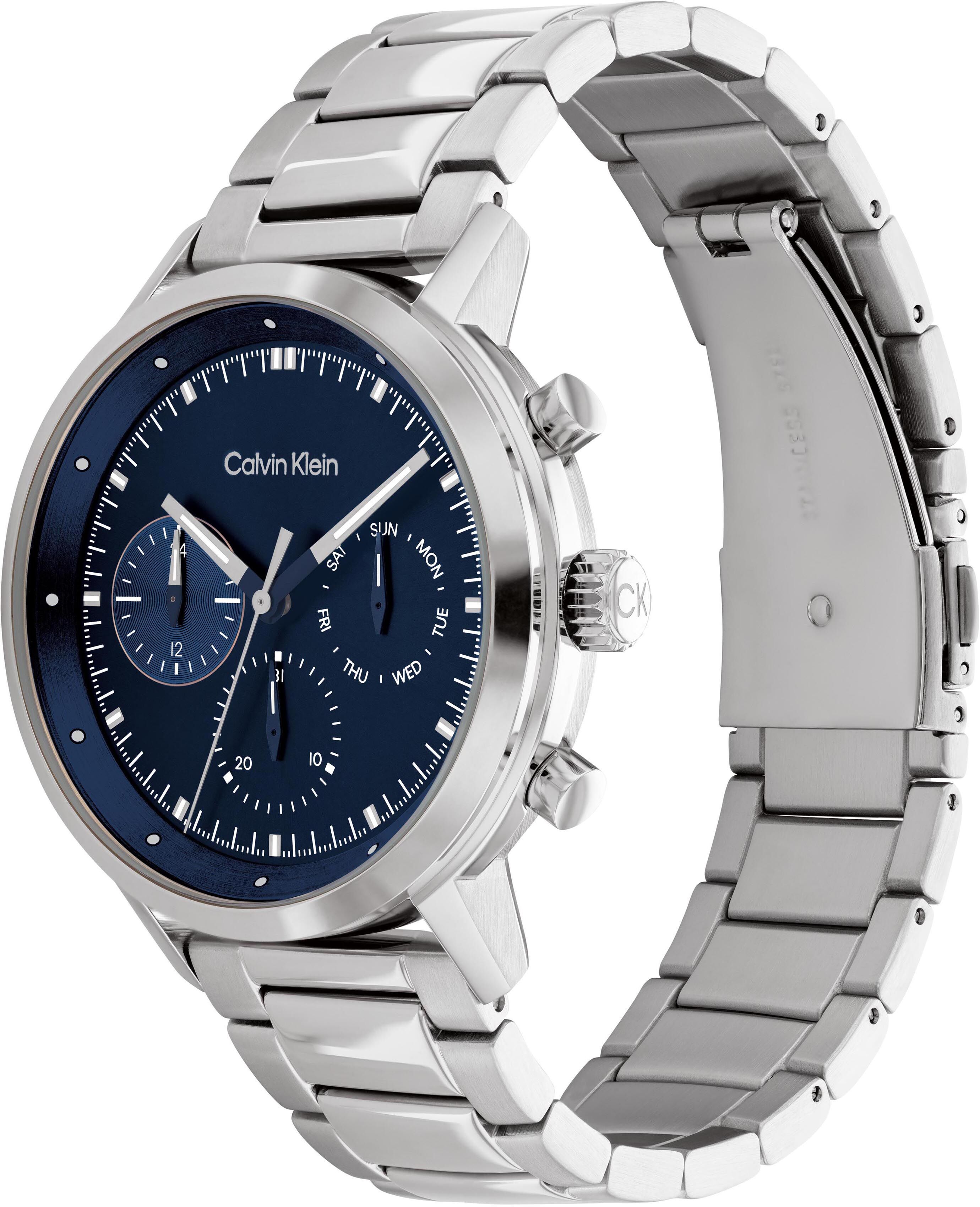 Multifunktionsuhr CALVIN KLEIN "GAUGE", silber (silberfarben, blau), Armbanduhren, Herren, silberfarben, Multifunktionsuhr, Quarzuhr, Armbanduhr, Herrenuhr, Datum, Edelstahlarmband silberfarben, blau silberfarben