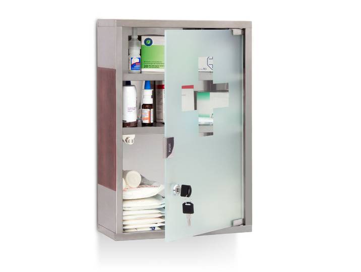 Medizinschrank EMERGENCY Edelstahl XL Braun-Silber-Transparent