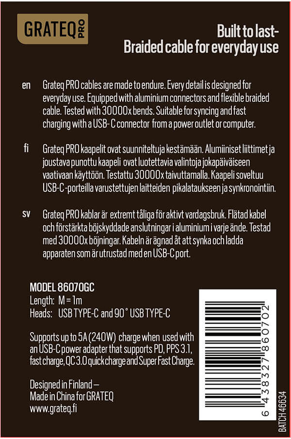 Grateq Pro USB-C- USB-C Punottu Pikalatauskaapeli 90° -kulmalla, 1m, Valkoinen